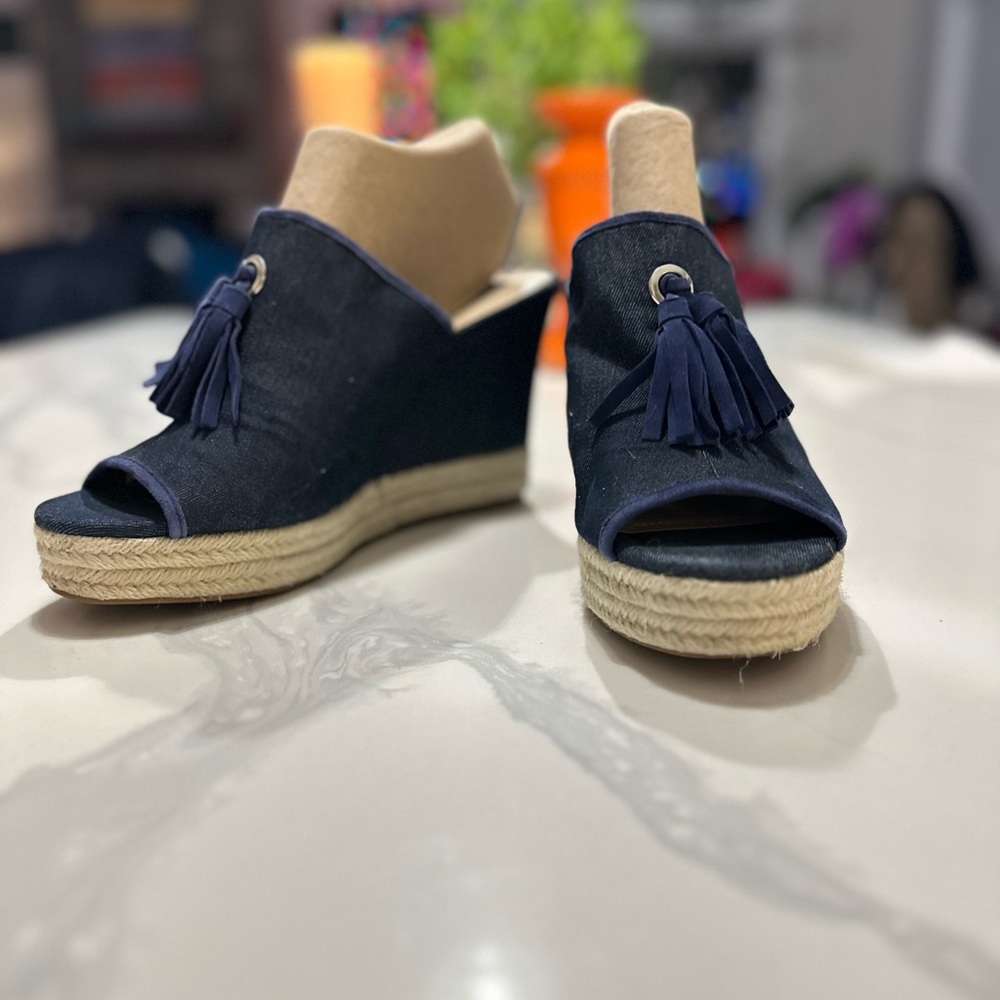 JONES NEW YORK Two Tassel Indigo Denim Wedged Slides | Size 10